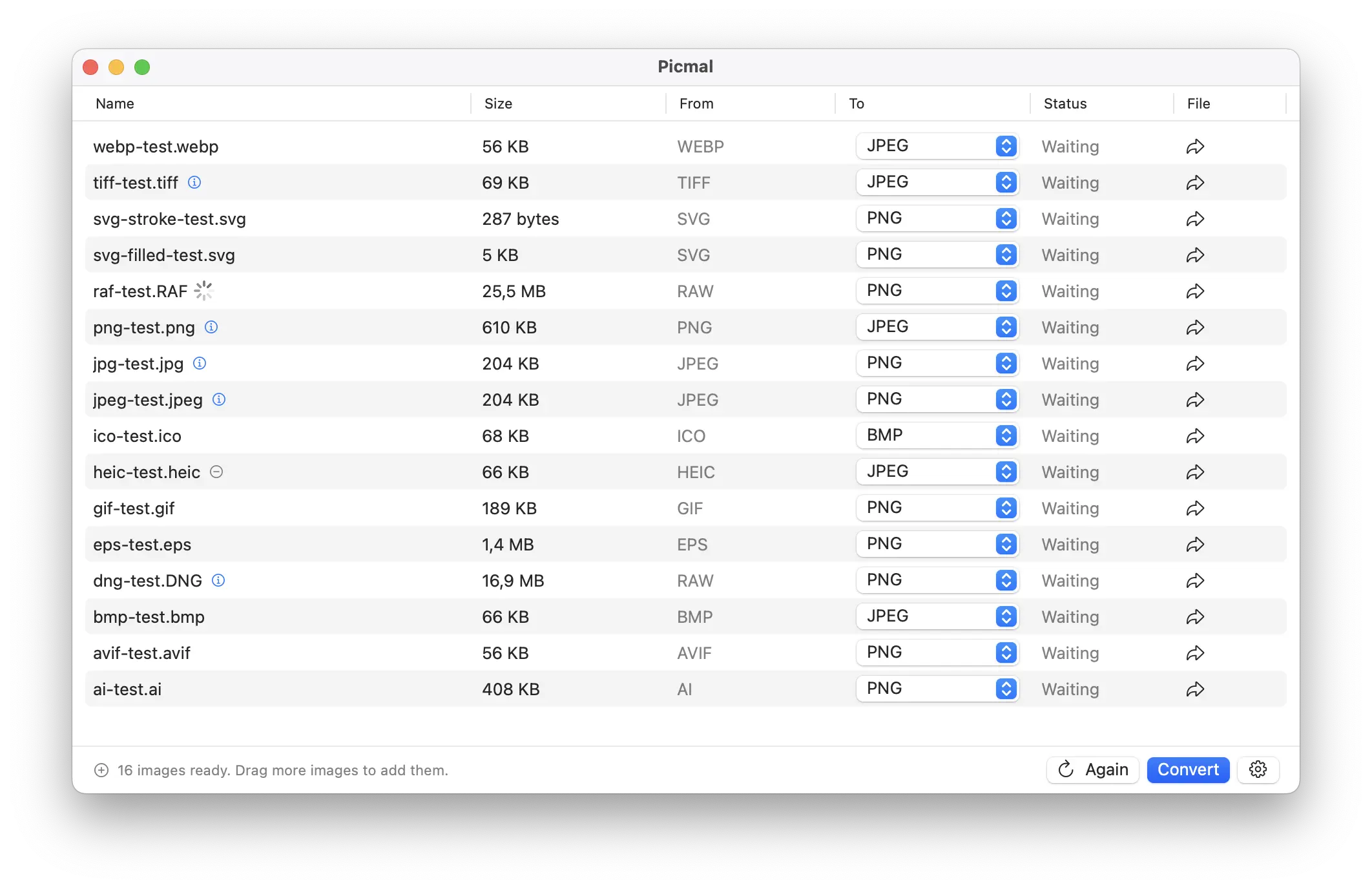 Picmal App Interface showing batch image conversion with multiple format support including WEBP, TIFF, SVG, RAW, PNG, JPEG, HEIC, GIF, EPS, and more