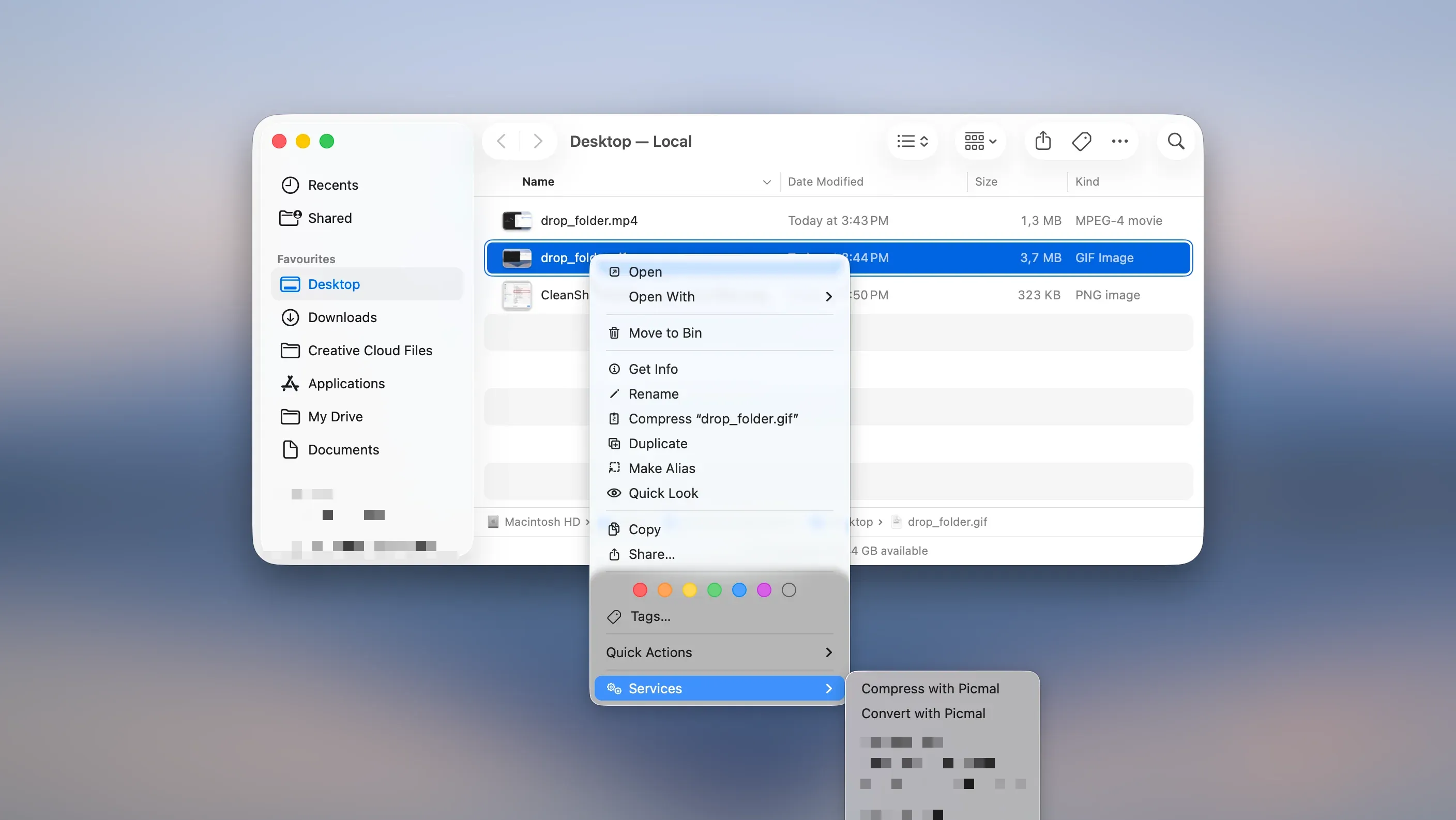 Finder right-click context menu showing Convert with Picmal and Compress with Picmal options