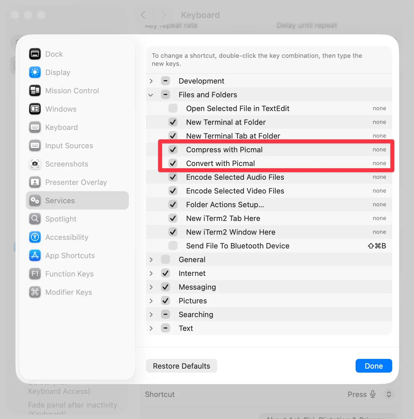 macOS System Settings showing Keyboard Shortcuts with Picmal Services enabled in the Files and Folders section