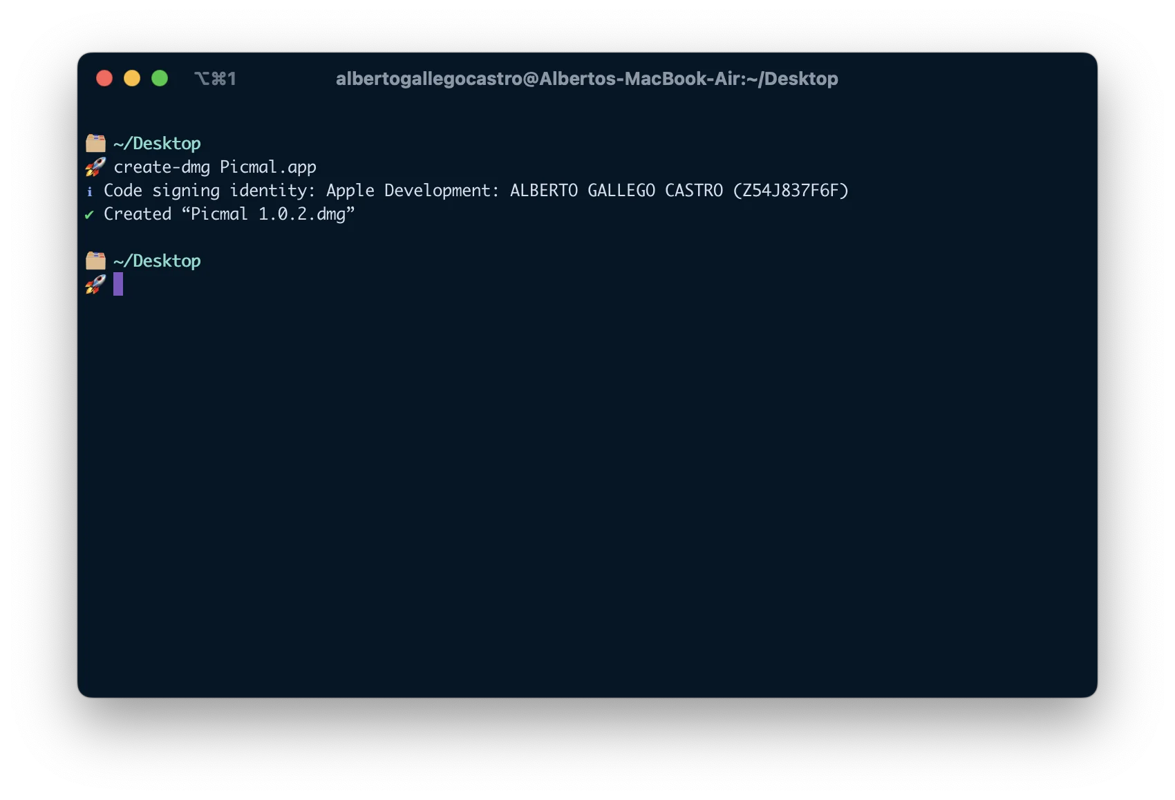 Terminal output showing create-dmg tool generating a DMG installer for macOS app