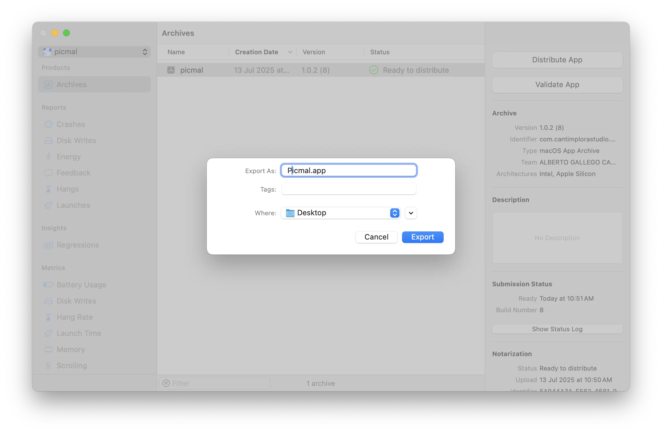 Xcode export dialog showing app ready for distribution