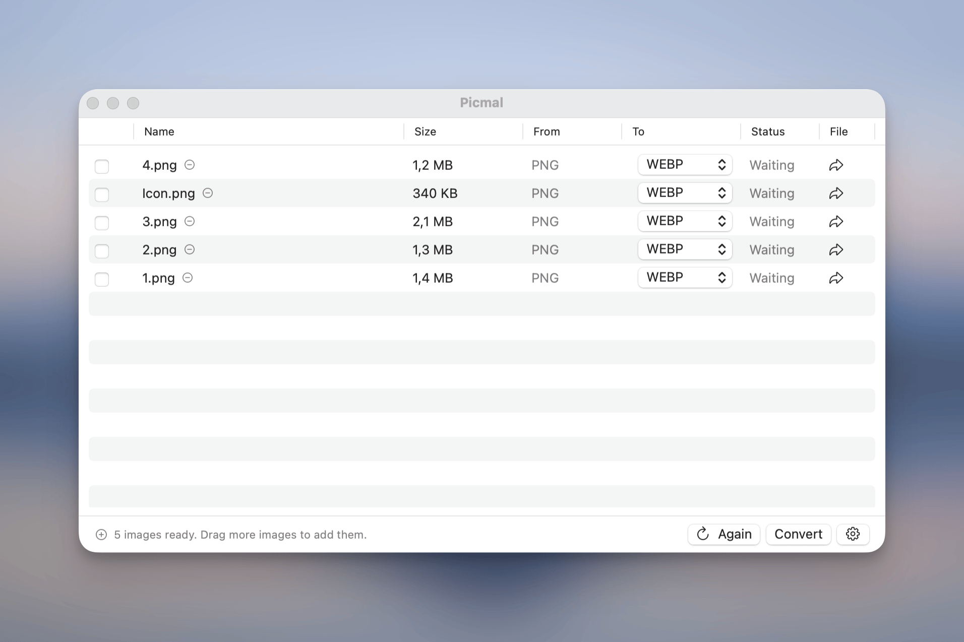 Picmal with five PNG files queued to convert to WebP
