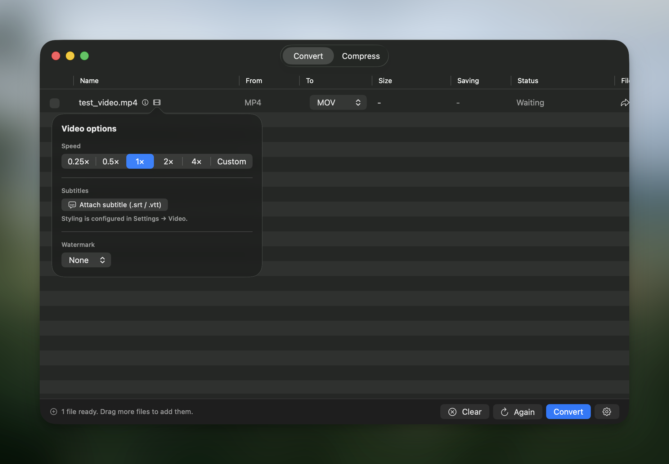 Video options panel with speed presets and subtitle attachment