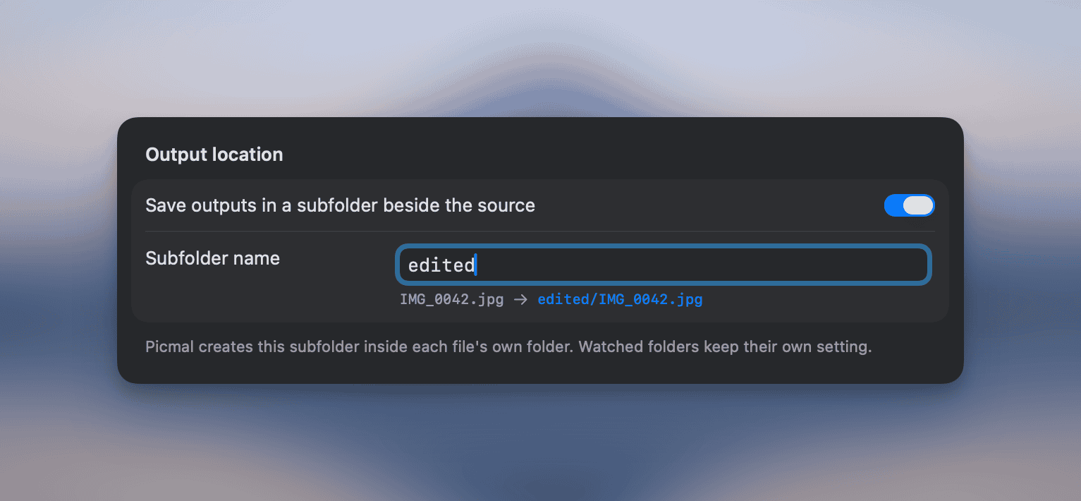 Output location subfolder setting