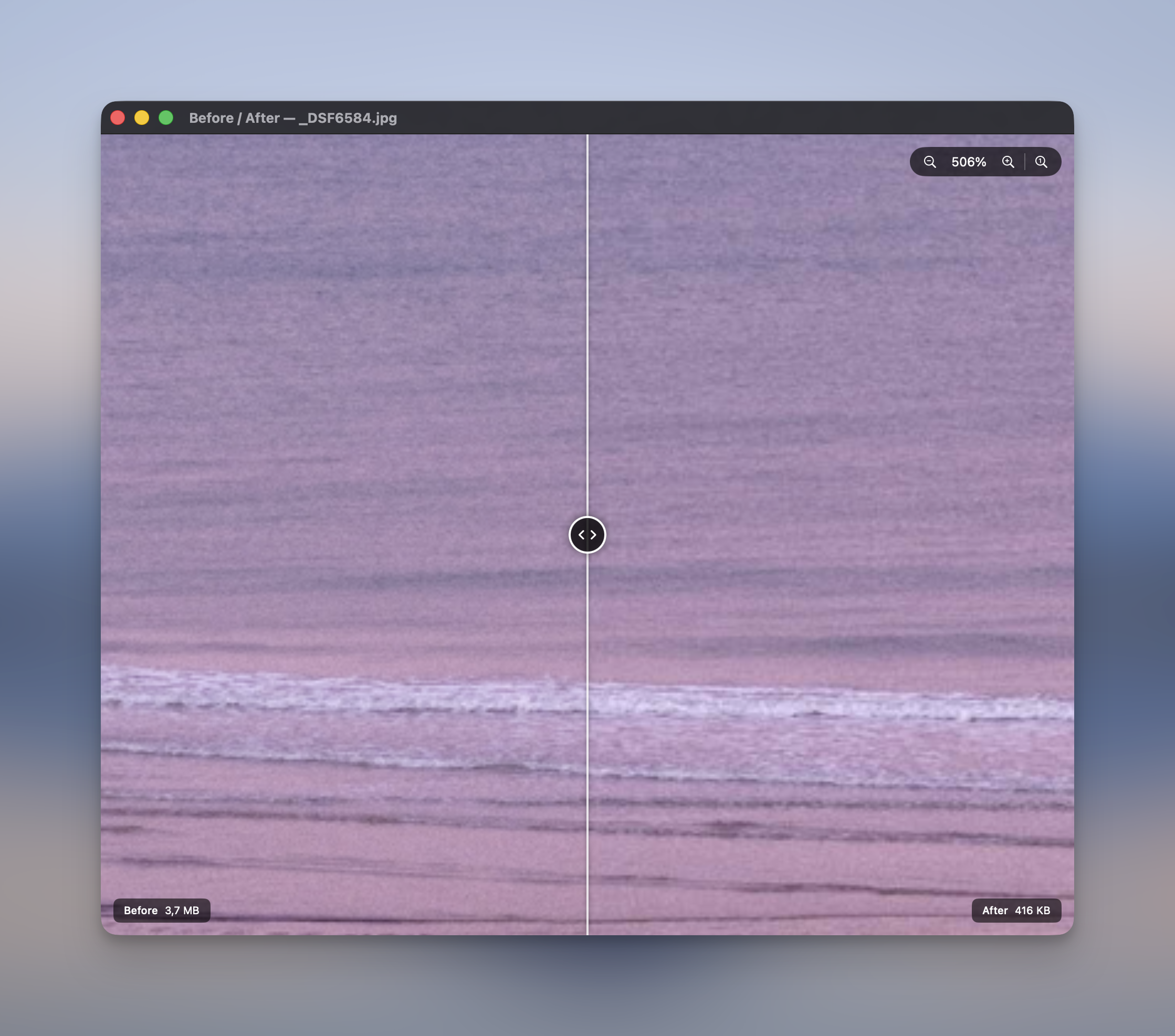 Before/After window zoomed in to 506% on a beach photo, comparing the 3.7 MB original to the 416 KB compressed version