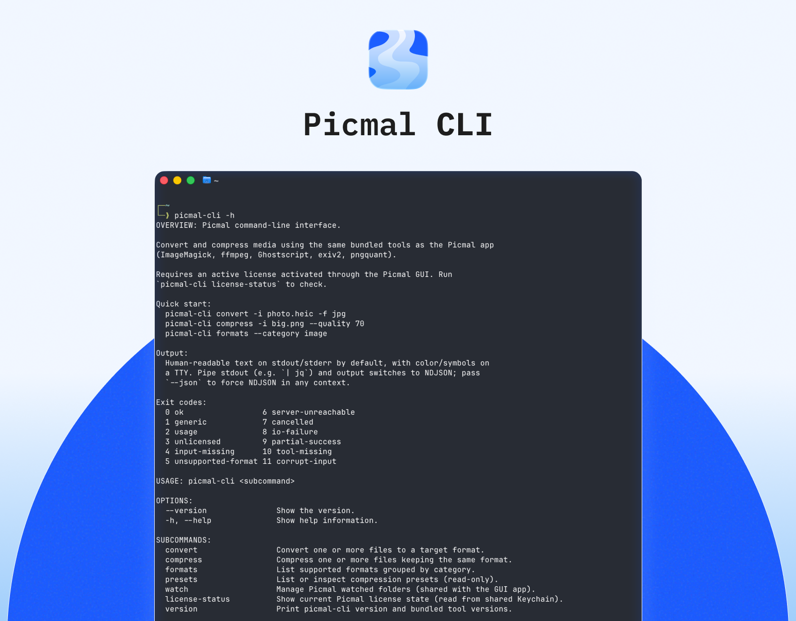 picmal-cli -h showing the Picmal command line interface help screen with subcommands, options, and exit codes