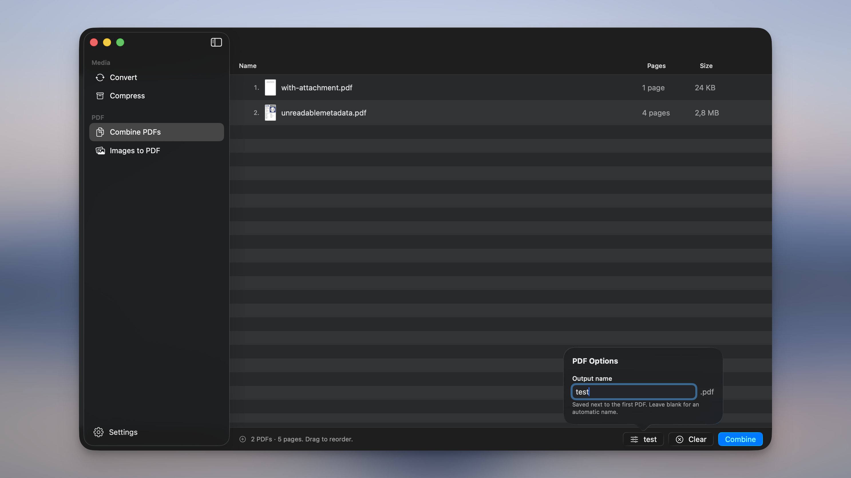 Picmal's new sidebar with Media and PDF sections, showing Combine PDFs with two documents queued and the PDF Options popover naming the output file
