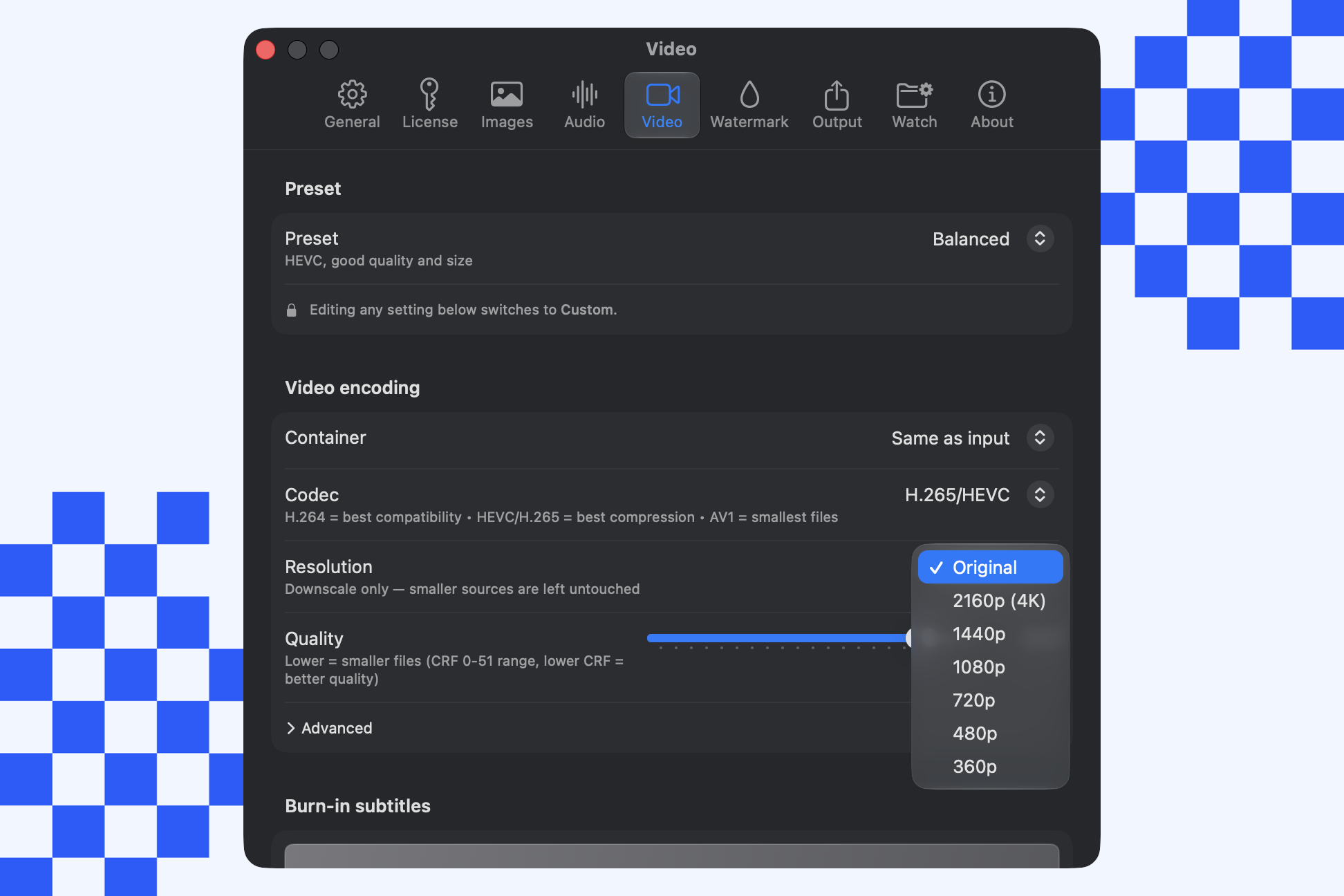 The Video settings in Picmal with the Resolution dropdown open, showing Original, 2160p (4K), 1440p, 1080p, 720p, 480p, and 360p