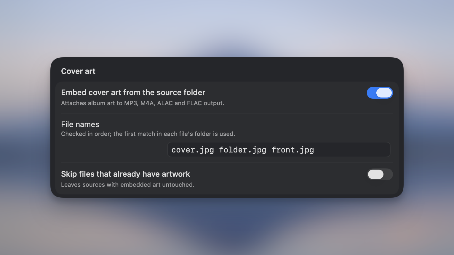 Cover art settings in Picmal, with the source-folder filename list and skip-existing toggle
