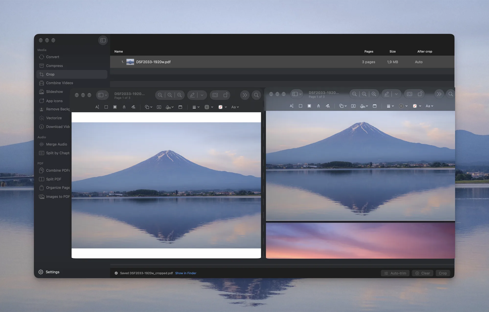 Picmal's Crop tool with a three-page PDF queued, and two Preview windows side by side comparing the original page against the cropped copy with its white margins gone