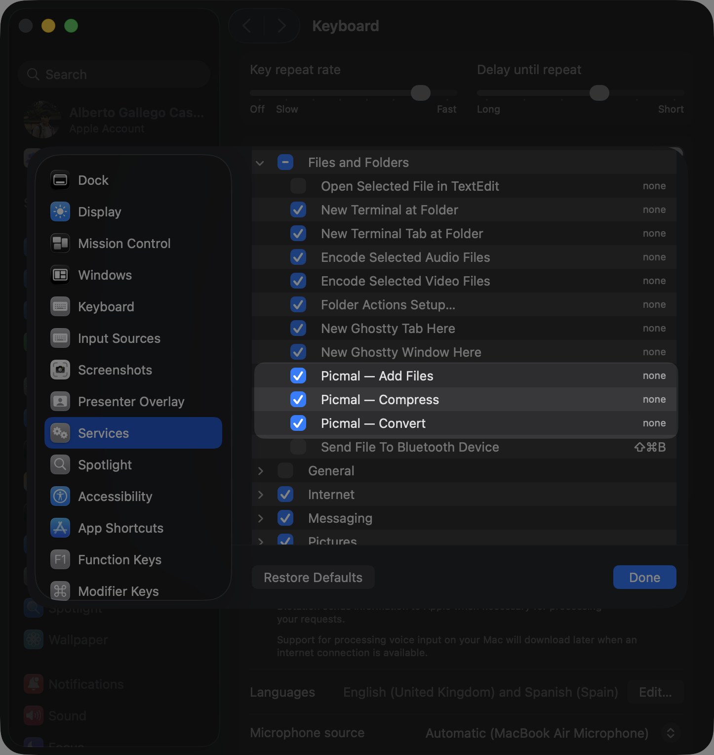 Enabling Picmal services in Keyboard Shortcuts settings
