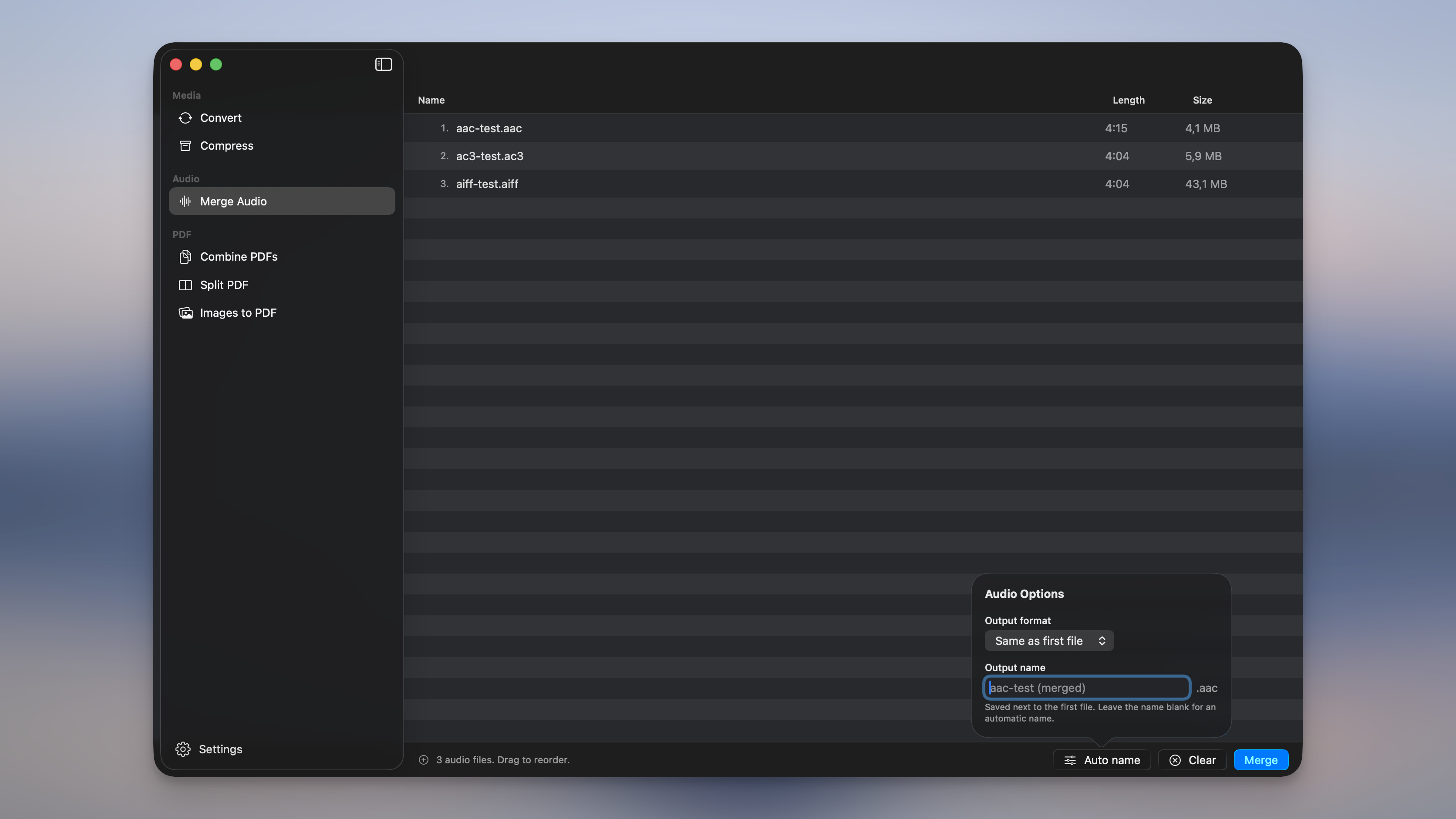 Merge Audio in Picmal: three audio files queued under the Audio section of the sidebar, with the Audio Options popover showing the output format and name