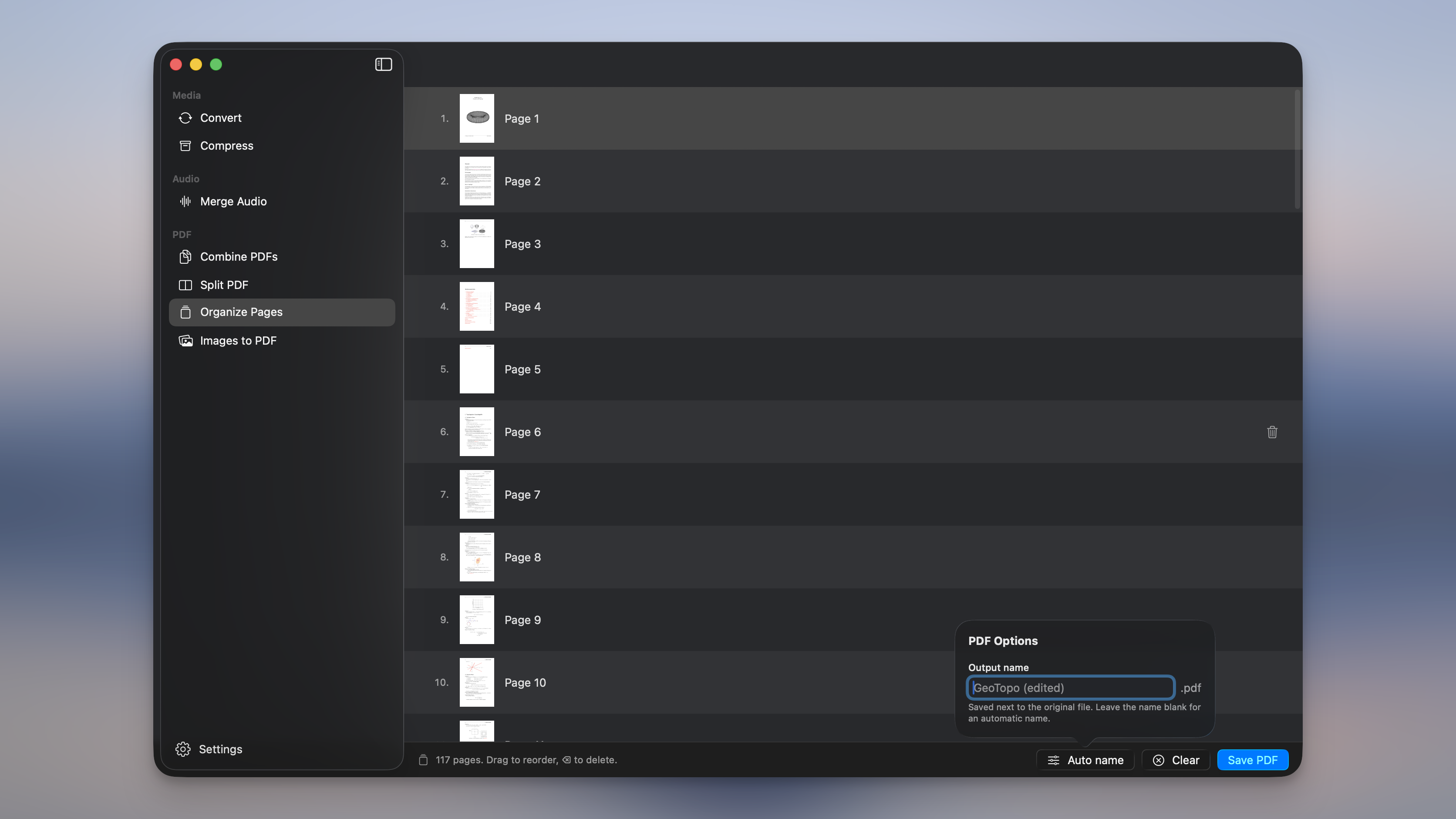Organize Pages in Picmal: a 117-page PDF listed as page thumbnails under the PDF section, with the PDF Options popover naming the output file