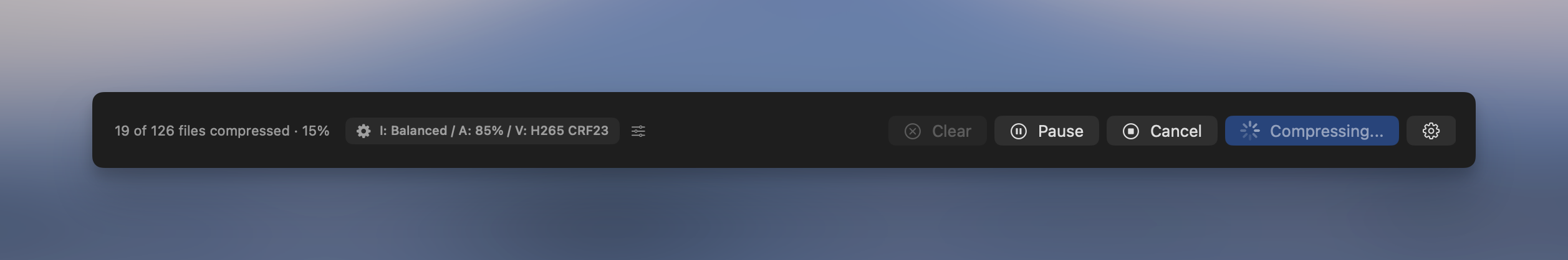 Pause and Cancel controls while a batch is compressing in Picmal