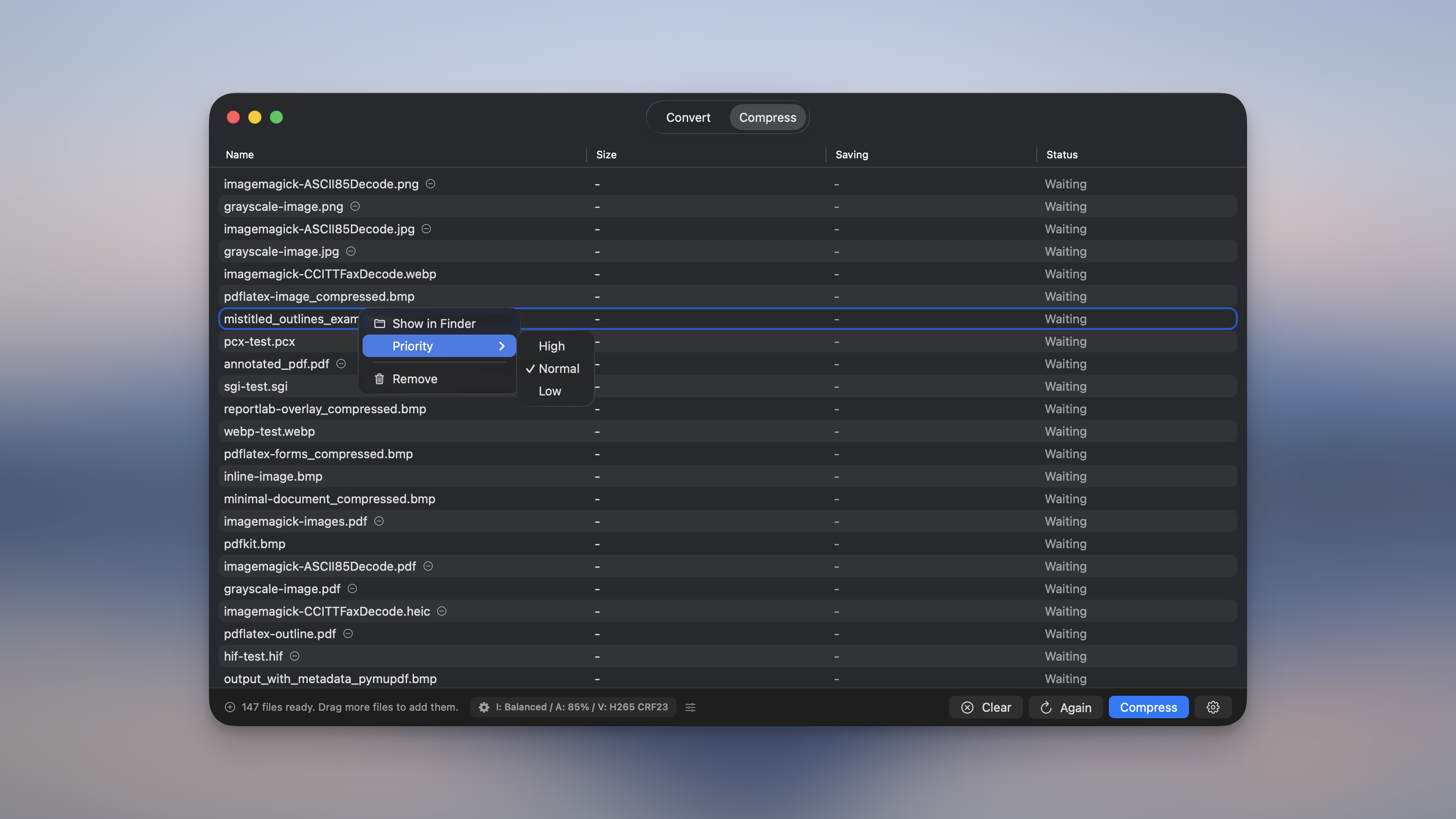 Right-click menu showing Show in Finder, Priority, and Remove options in Picmal