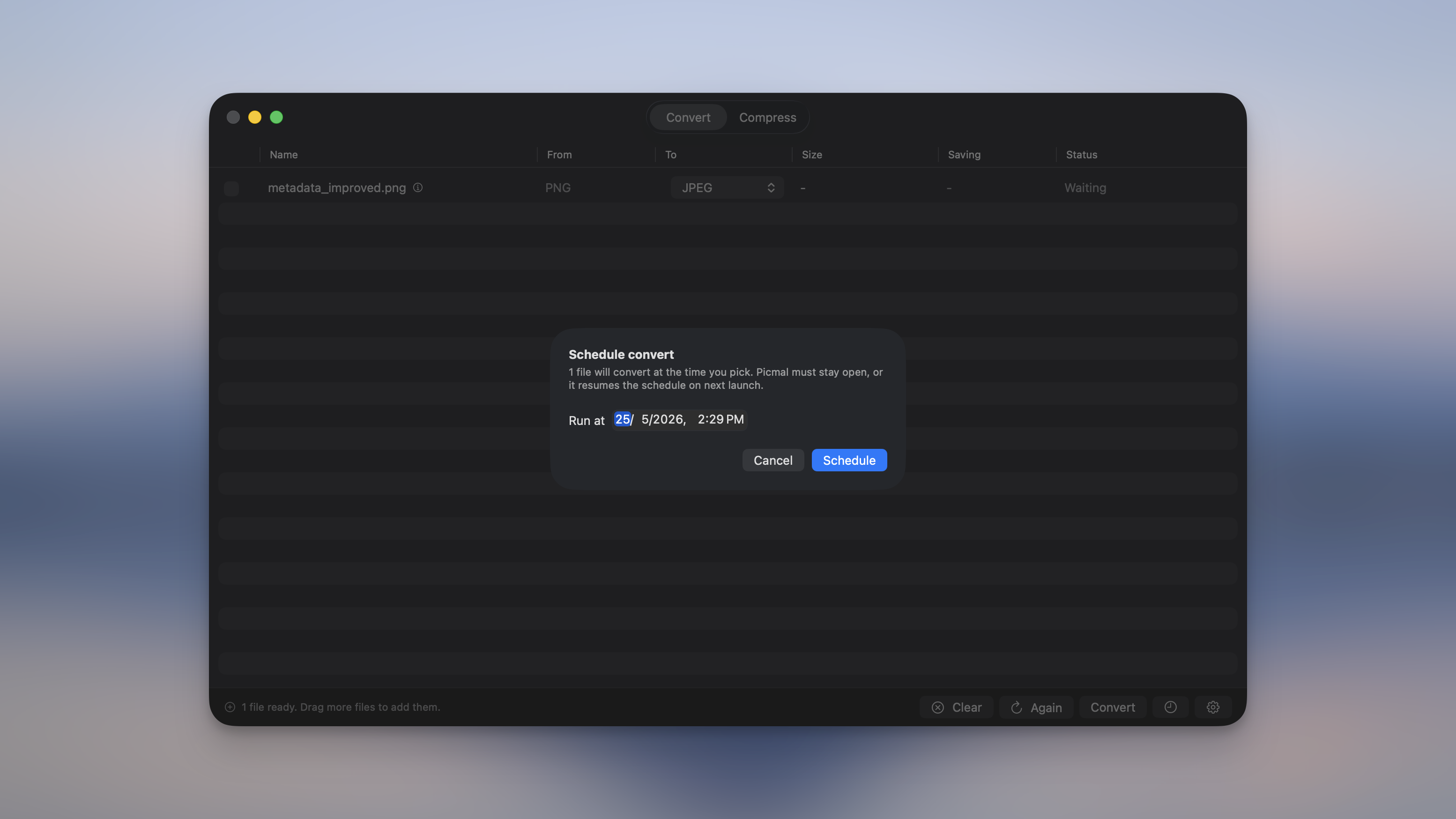 Schedule convert dialog in Picmal with a date and time picker