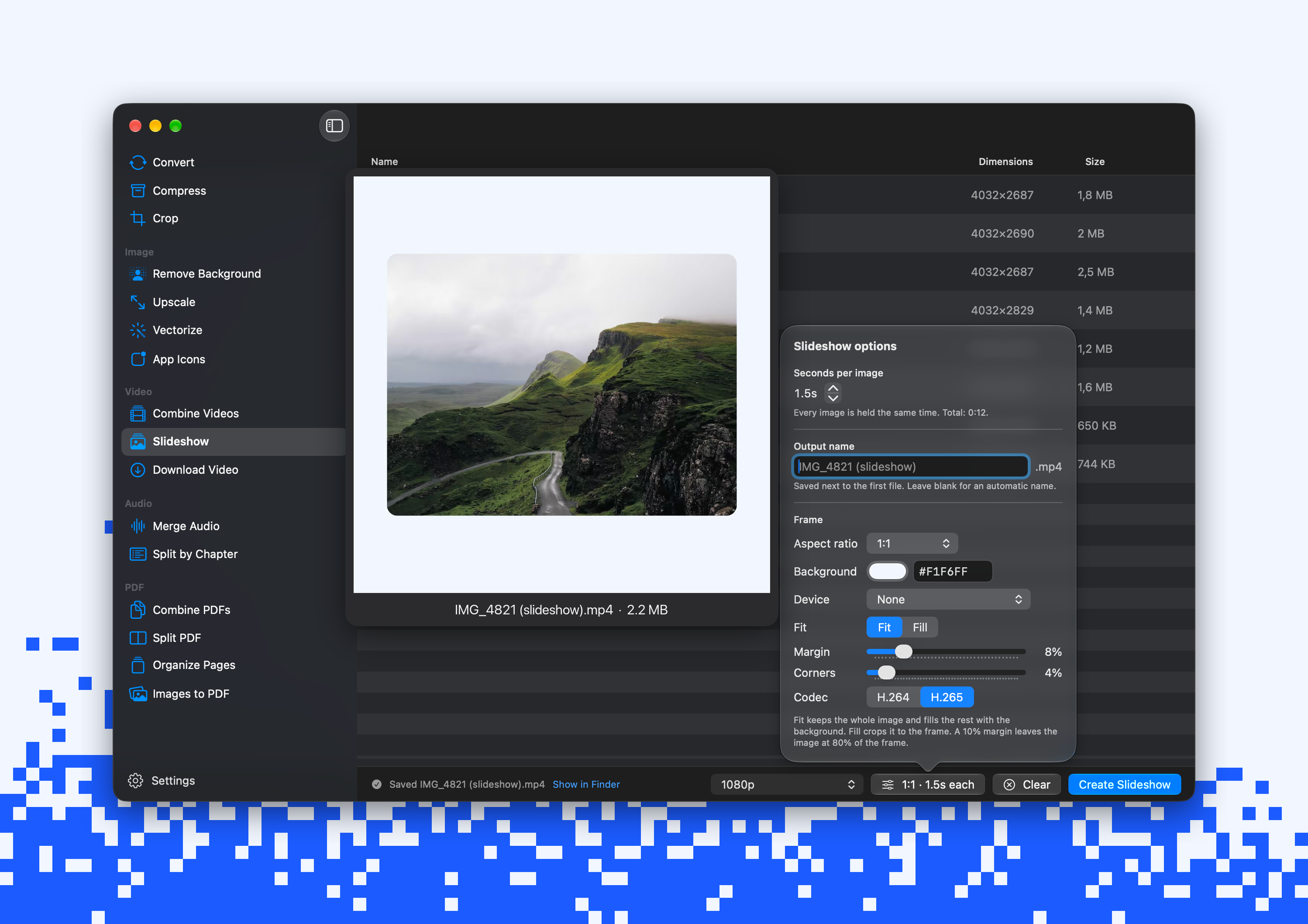 Slideshow in Picmal: eight landscape photos queued, the options popover set to a square frame with a margin and rounded corners, and a frame from the finished video