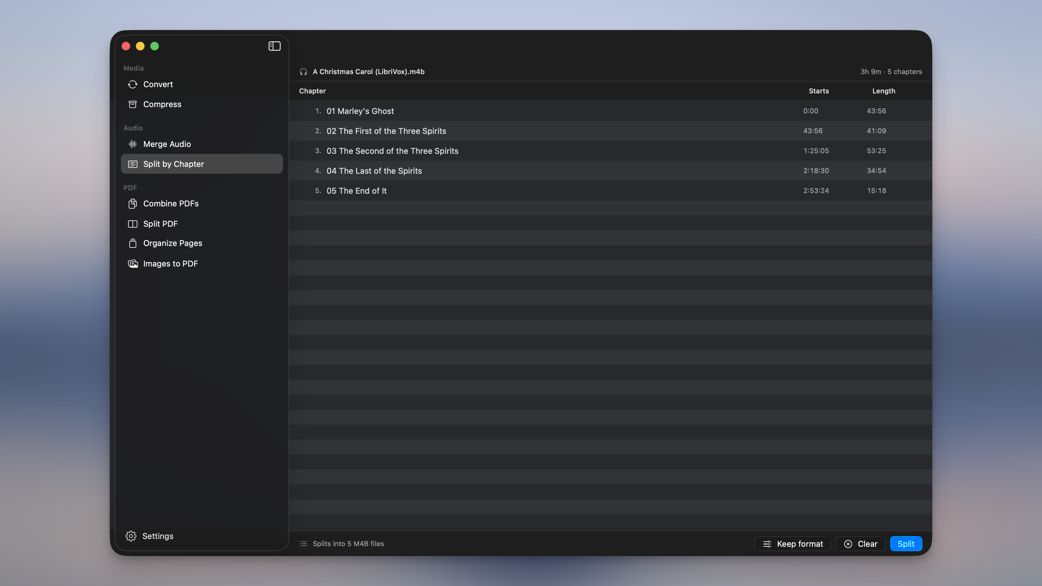Split by Chapter in Picmal: a chaptered audiobook's chapters listed under the Audio section of the sidebar, ready to split into one file per chapter