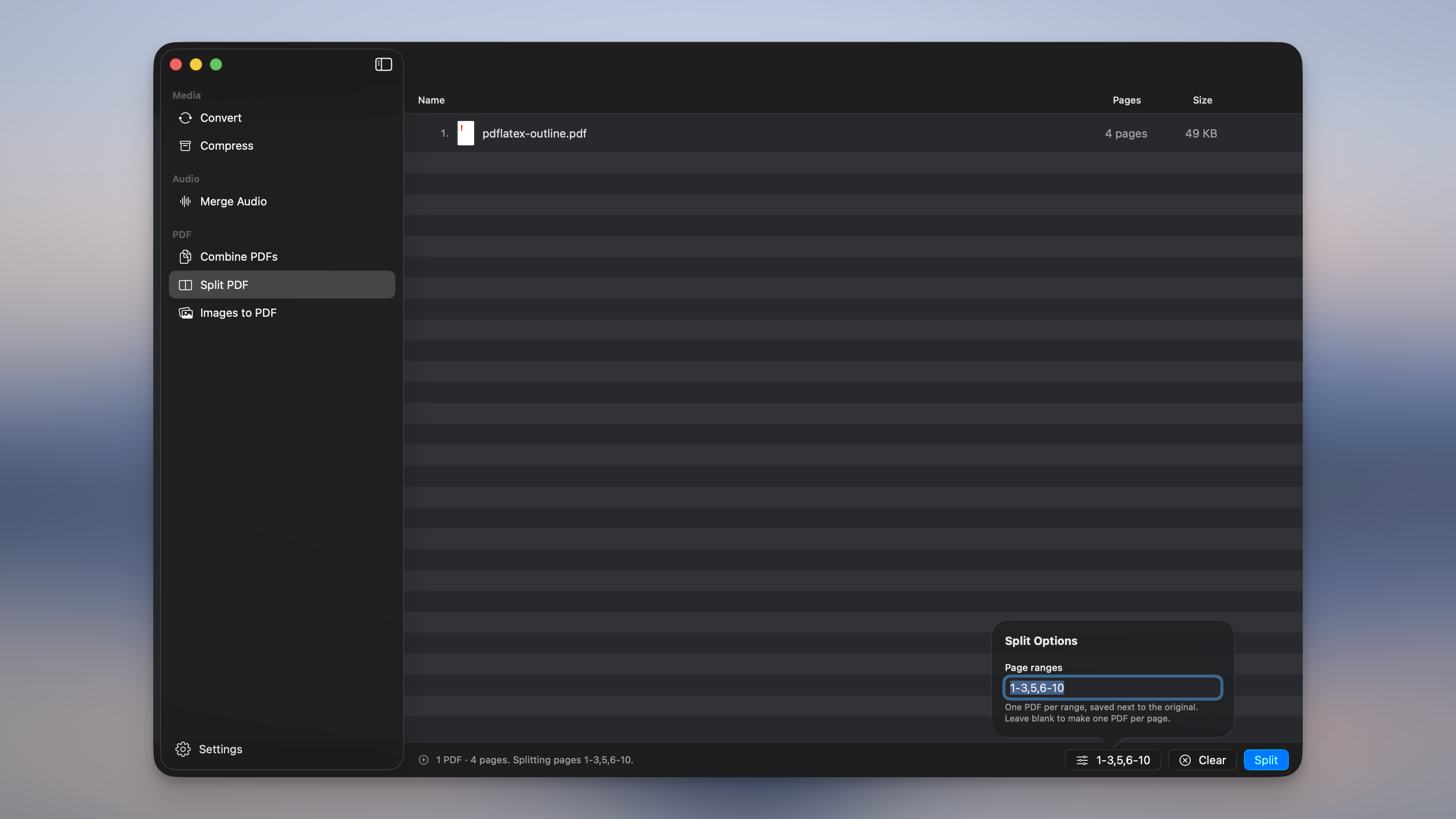 Split PDF in Picmal: a four-page PDF queued under the PDF section of the sidebar, with the Split Options popover set to the page ranges 1-3,5,6-10