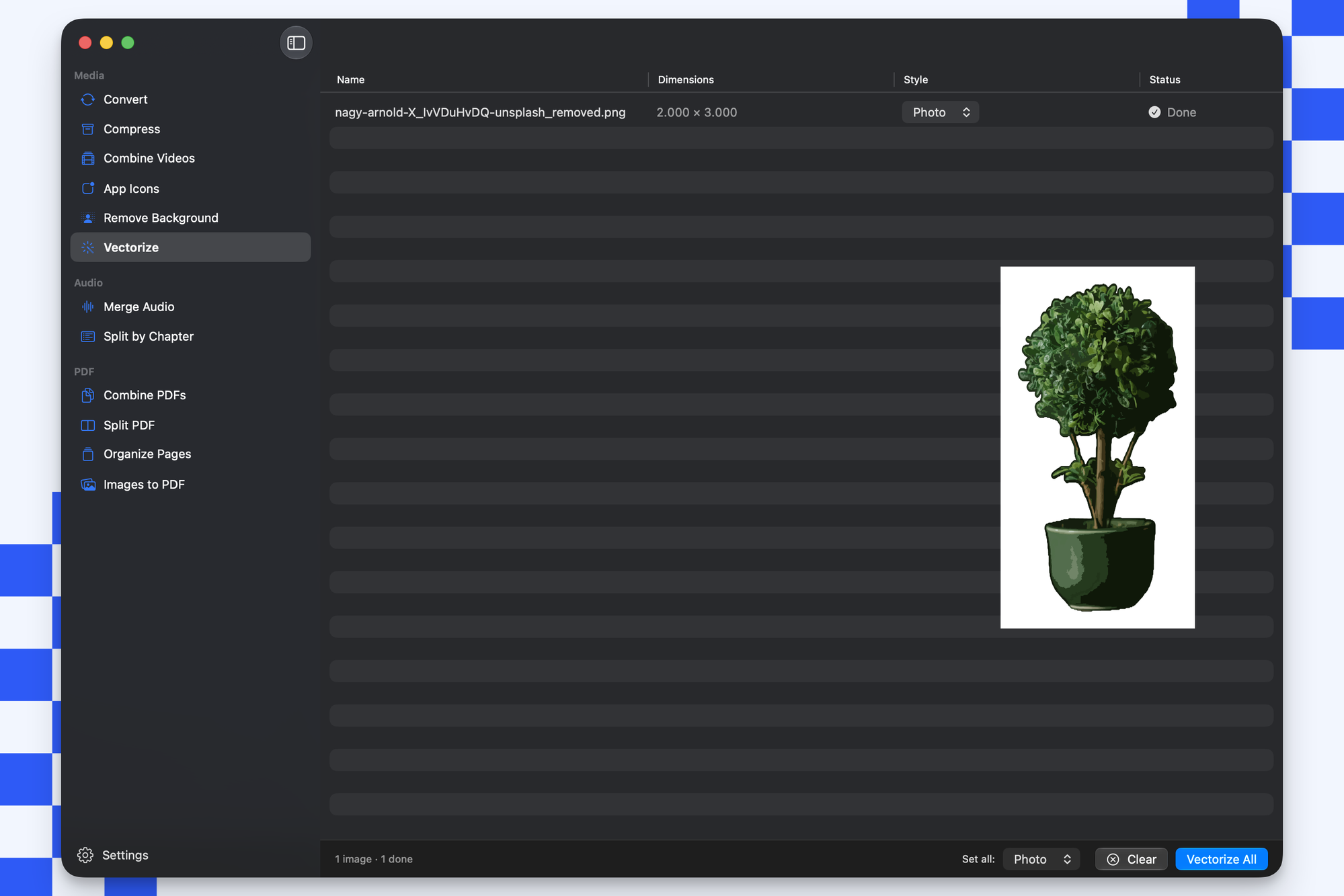 The Vectorize tool in Picmal: a potted plant traced into a crisp SVG using the Photo style, with a per-row Style dropdown, a Set all control, and the Vectorize All button in the bottom bar