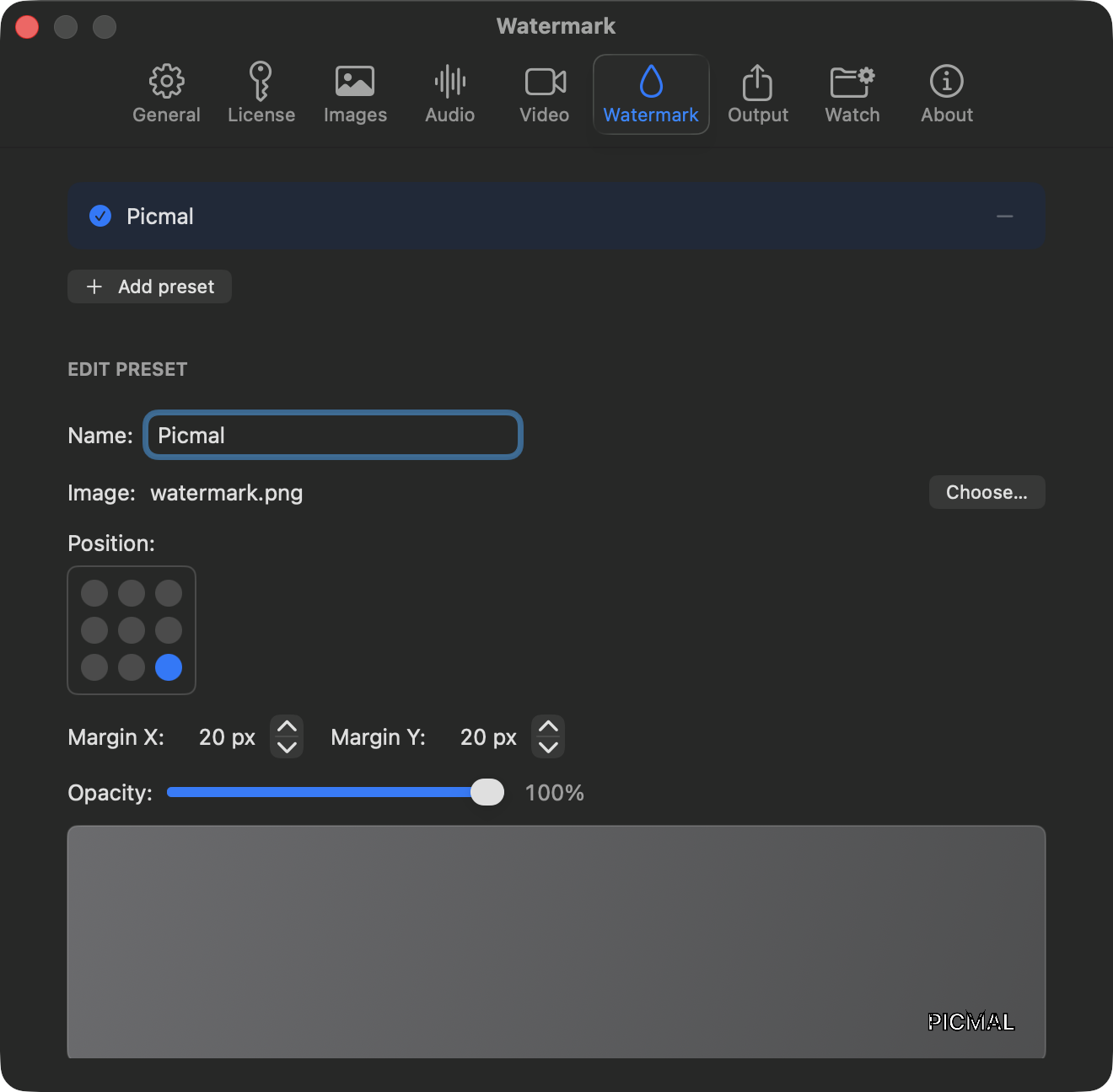 Watermark settings in Picmal